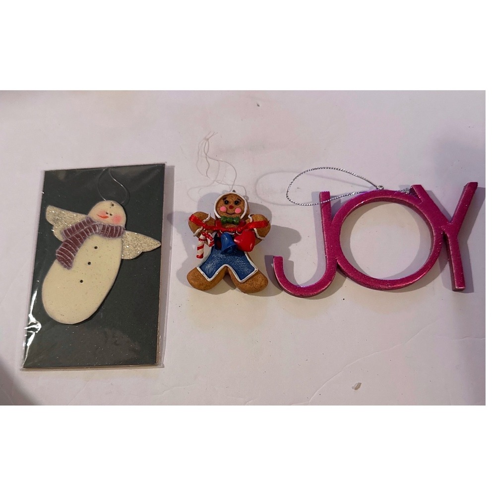 Christmas Ornament Lot 3pc Snowman Angel Gingerbread Man Pink JOY Glitter Decor